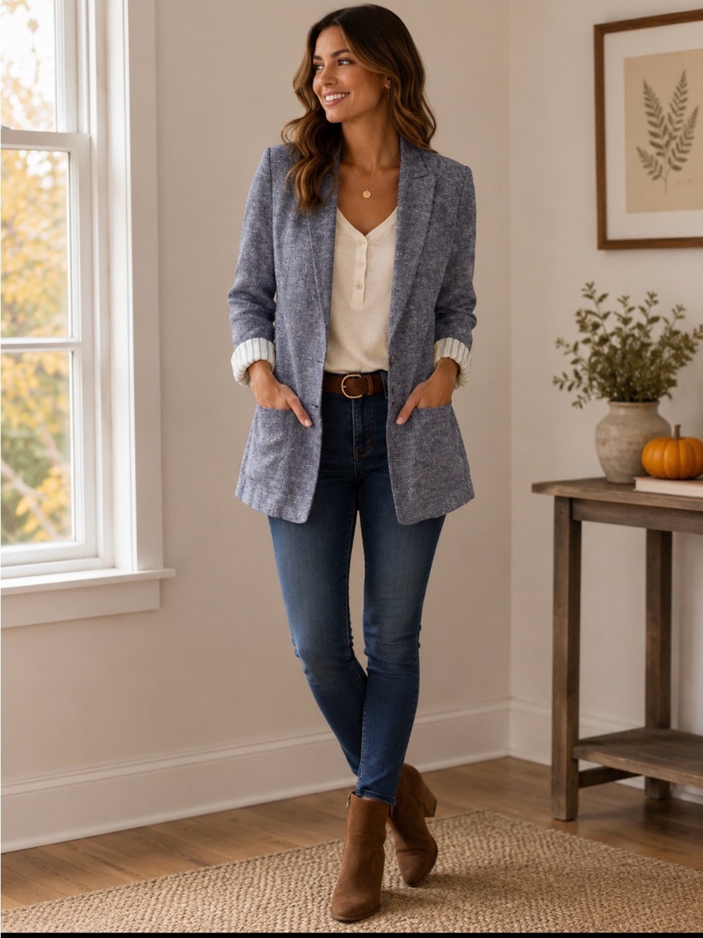 Zara linen blend Textured Blue Open Blazer - Casual Tailored Jacket size medium
